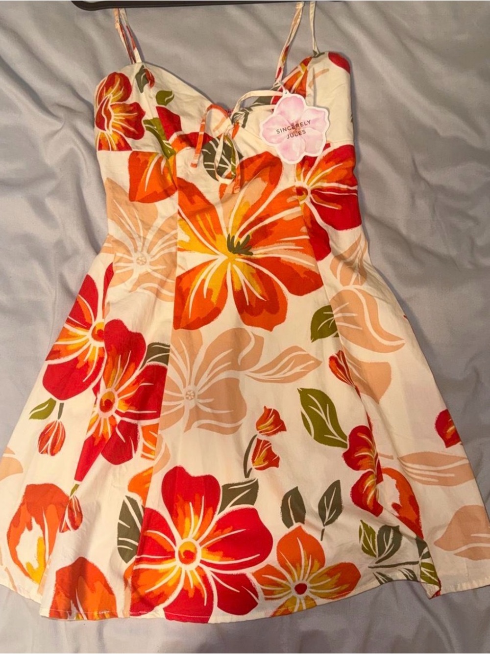 Sincerly Jules Cream Sundress with Red & Orange Tropical Blooms